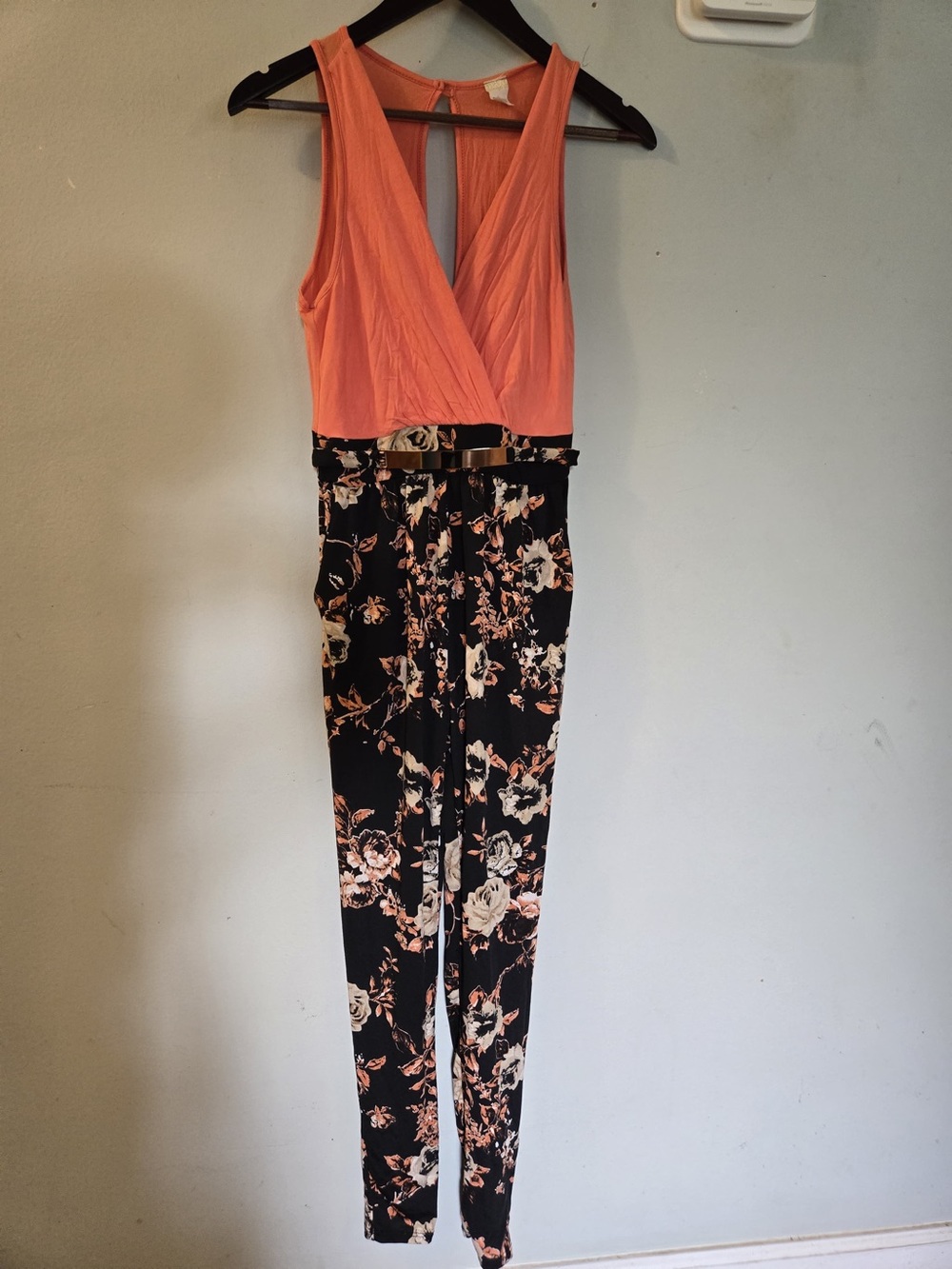 Sleeveless Coral Wrap Jumpsuit with Black Floral Pants